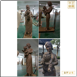 鑄銅關公 抱孩子人物雕塑