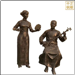 鑄銅關公 弾三弦民俗人物雕塑